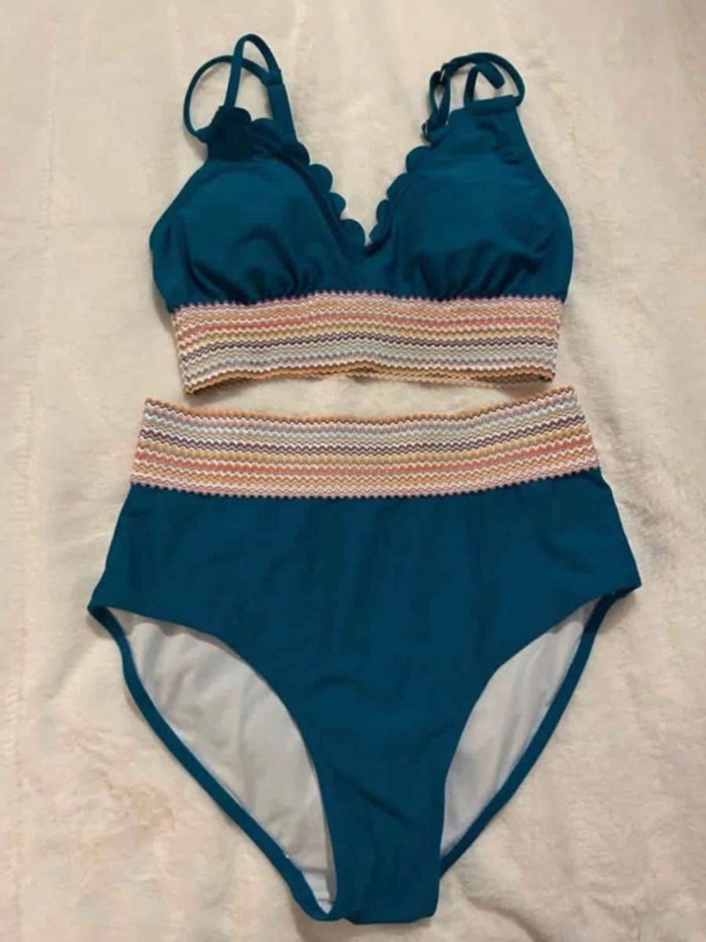 Teal Scalloped High-Waist Bikini
